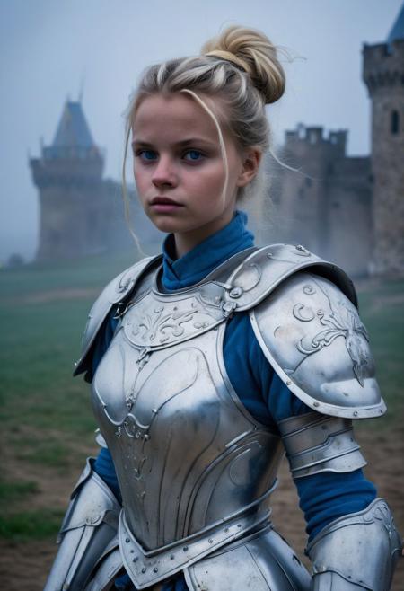 Close Up shot of  Cinderella as a little warrior, she IS a very young girl, blonde bun hairstyle, beautiful, blue dirt gown, White steel armour, wind, at night, fog, mist, castle at the background, National Geographic photography awarded masterpiece