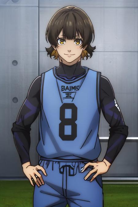 (masterpiece, best quality:1.2), <lora:bluelock_bachiraV2:1.0>, solo, male focus, 1boy, bachirajersey, smile, looking at viewer, hand on hip, sportswear