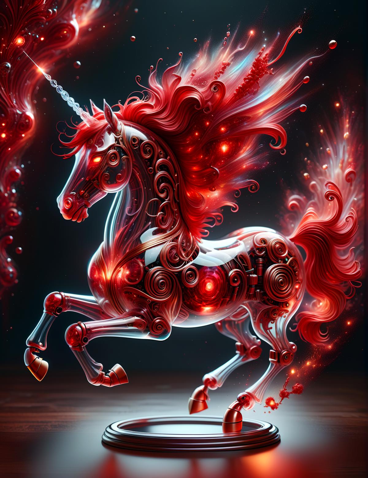 A red and white unicorn with an orange mane standing on a blue base.