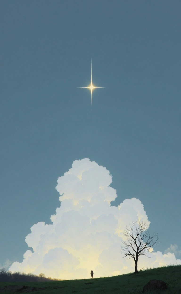 A solitary human figure standing on a grassy hillside next to a bare leafless tree, both rendered as dark silhouettes against the horizon on a gently sloping green hill that fills the lower portion of the frame. Above them, a brilliant four-pointed star radiates intense yellow light directly in the center of a blue-gray sky, creating dramatic lens flare effects with sharp cross-shaped diffraction spikes extending vertically and horizontally. Large cumulus clouds with bright white tops and golden-lit undersides occupy the middle ground.