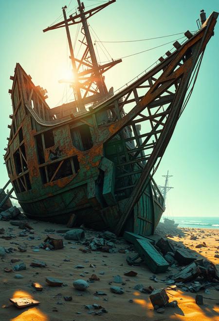 photorealism, high resolution, (polished:-1.3), broken hull with interlocking polygonal patterns, (bad composition:-1.3), sharp and jagged metal, scattered debris across the terrain, vibrant oil pastel hues of rust and decay, chaotic geometry in the ship’s frame, (disjointed anatomy:-1.3), saturated tones of green, sculptural and chaotic forms, (emphasis on chaotic geometric shipwreck forms:1.6), (blurry:-1.2), glowing light from the sun piercing through water, (low quality:-1.2), flowing yet sharp surfaces, unsettling, (overly ornate:-1.5), dystopian vibe, intricate and uneven fractal patterns in the wreckage, and blue, (noisy:-1.1), fragmented and twisted geometric structure, warped shadows cast by broken beams, (ugly:-1.3), (cartoonish:-1.1),abandoned shipwreck, orange, intersecting planes of broken metal and sand, minimal organic details, recursive fractures in the metalwork, brutal and irregular structure, fractured ocean floor, rusted angular edges, (smooth surfaces:-1.4)