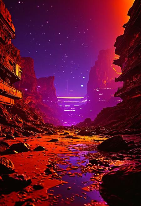 An otherworldly complex structure with rocks made of light and shadows, the ground pulsating with vivid, ever-changing hues, embodying a dream within a dream, 
in the style of the eerie ambiance of Ridley Scott's 'Alien' with 80s sci-fi nostalgia. Blend dreamlike, claustrophobic spaces, grimdark Warhammer 40K magic, and campy yet sinister tones. Envision a surreal, dystopian world where arcane forces meet retro-futuristic sci-fi, creating a uniquely haunting tableau
, in the style of an old 80's VHS dark fantasy, VHS screen grab, grainy, old footage