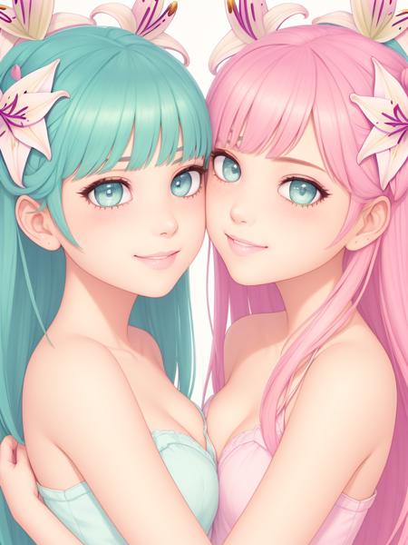 2girls, pastel color, flat color, high contrast, illustration, beautiful detailed glow, (beautiful detailed eyes), face to face, hugging, smile, detailed background, flowers, lily, rose, bare shoulder