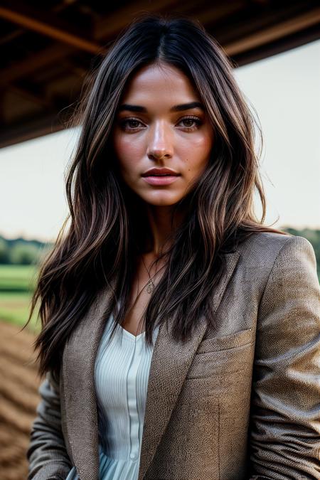 perfect cinematic shoot of a beautiful woman (EP4n3l14M00r:.99), a woman standing at a (modest farm), perfect bangs, wearing sexy (Burlap Brown Tuxedo blazer:1.2), (people in background:1.1), (detailed background:1.1), (face focus), modelshoot style, (extremely detailed CG unity 8k wallpaper), professional majestic (photography by Dan Hall:1.1), 24mm, exposure blend, hdr, extremely intricate, High (Detail:1.1), dramatic, soft cinematic light, (looking at viewer), (detailed atmosphere), 8k, highly detailed, rich environment, 4k textures, soft cinematic light, elegant, ((((cinematic look)))), soothing tones, insane details, hyperdetailed, ("Dreams into reality with SDKoh!":1.1), (epiCPhoto)