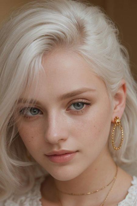 (1girl:1.15), short voluminous fluffy bright white hair, (European:1.3), blue eyes, (close up face:1.3), (25 years old, young:1.2), white dress, (earrings:1.2), piercing, jewelry, (inviting expression:1.3), choker, (cream eyeliner:1.2), with subtle freckles, subtle skin blemishes, visible skin pores, natural skin texture, cozy bedroom, photorealistic, masterpiece, (golden hour:1.3), (warm glow:1.3), warm colors, (80mm f/1.2 portrait:1.3), RAW Photograph, leica full frame camera, high quality, insane details, masterpiece, 8k