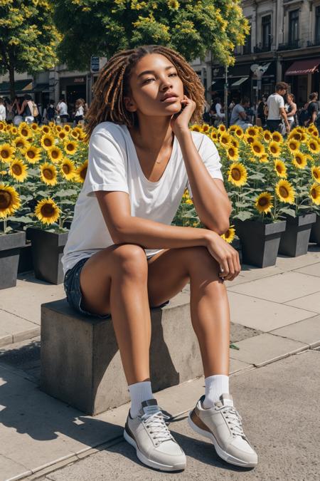 photorealistic highly detailed 8k photography, best street shot quality, volumetric lighting, plain clean earthy young woman, casual street wear, Crossed Legs Seated Pose on the Floor, realistic skin and hair texture, Time-Lapse of Flowers Blooming, Vivid Sunflower Mazes full of busy people