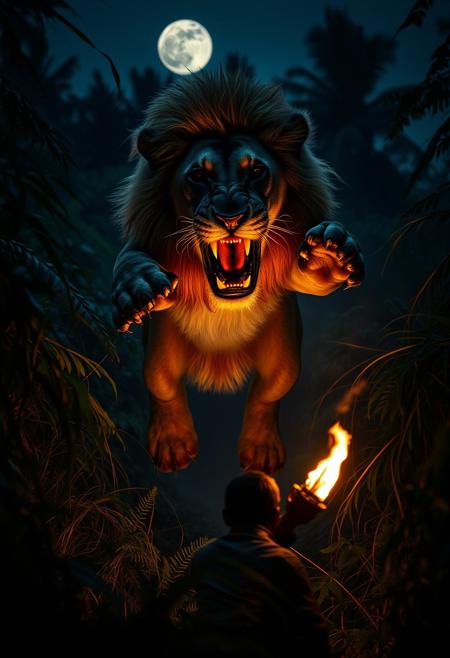 A highly detailed distant full view photograph of a majestic male lion leaping from a dense jungle pouncing on an encroaching poacher. The lion's razor sharp claws are extended and his fangs are bared. Dynamic lighting accents the intensity of the situation, as the poacher meets his fate.  Light from the flames of the poacher's torch and moonlight are the only available light in this darkest of jungle scenes.