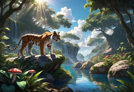 tiger stalking its prey in the jungle,
plant, shrub, tree, leaves, mushroom, water, sunrays, shadows, sky, horizon, rock, cloud,, masterpiece, 8k, ultra high res, ultra high detail, best quality, ultra detailed, realistic, opulent scenery, complex scene, explicit, vibrant colors,