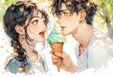 Manga sketch: Expressive girl, pensive boy, devouring melting triple-scoop ice cream. Intimate low-angle close-up, tight on faces, dripping cones. Sun-dappled park bench, rustling gingko leaves. Art style by Yoshitoshi ABe, delicate sumi-e linework, clean ink, subtle cel-shading. Bright afternoon sunlight, dappled highlights, rim lighting. Pastel ice cream (pink, green, cream) contrasts monochrome; summer sky blue accents. Textures: sticky, glistening ice cream; crisp waffle cone. Mood: fleeting summer joy, innocent connection, carefree youth. Subtle motion lines, distant shimmering heat haze.