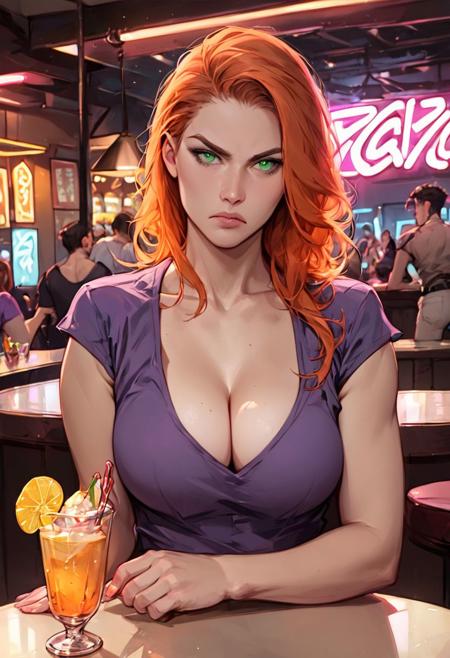 score_9, score_8_up, score_7_up, indoors, nightlife, crowded bar, serving drinks, hazy atmosphere, low light, portrait, 1 woman, annoyed, long wavy orange hair, Mediterranean features, olive skin complexion, dark green eyes, low cut cropped purple shirt, cleavage, large breasts, serving cocktails at a far future bar counter, facing the camera, futuristic night club, neon decor, realistic