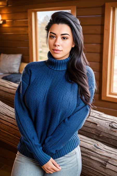 portrait of (DEN_evgenia_talanina:0.9) wearing a woollen turtle neck jumper and jeans in a log cabin, high neck, jumper, woollen jumper, jeans, trousers,
headshot, centre frame, face focus, head focus,
photorealistic, high detail, detailed, realistic, intricate,