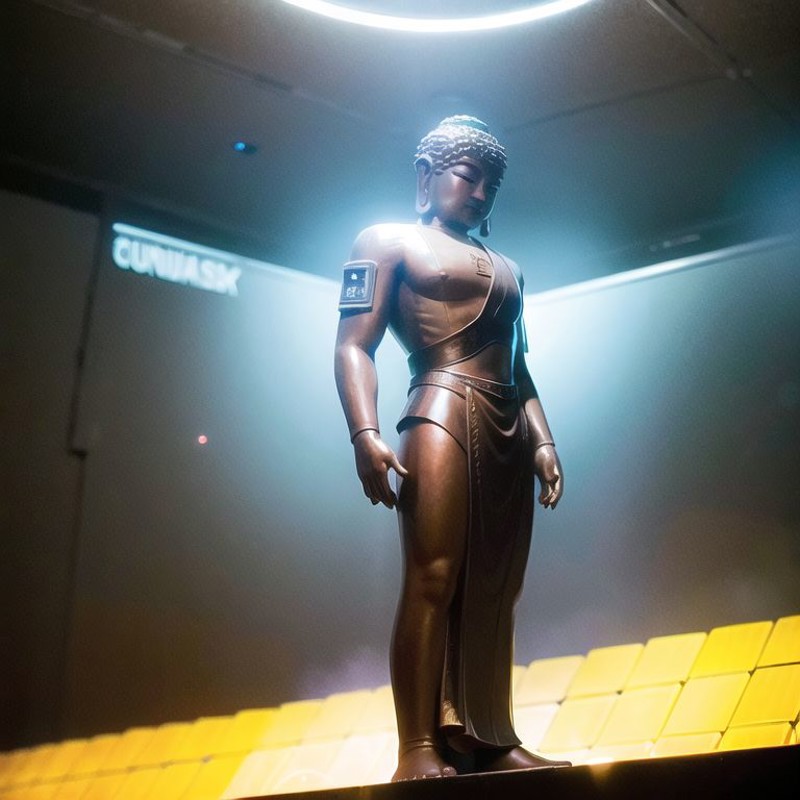 giant buddha statue meditating, 1male, (light disk behind head:1.5), (cyberpunk background:1.5), cinematic, octane render,...