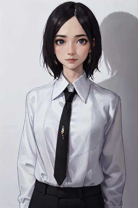 (sidelighting, finely detailed beautiful eyes: 1.2), portrait, realistic, 3d face, lustrous skin, (masterpiece, best quality, beautiful quality, looking at viewer, detailed lighting, shadows, 8k:1.4), (a picture of a woman, white shirt, necktie, parted hair, black eyes, 1girl, pants:1.4), <lora:Ayano Omoto:0.8>, Ayano Omoto,