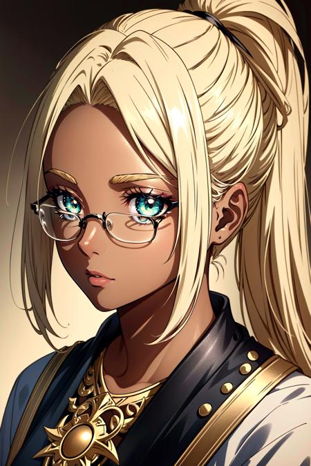 <lora:Ashe:0.5> Ashe, 1girl, solo, blonde hair, glasses, long hair, ponytail, dark skin, green eyes, dark-skinned female, perfect lighting, ((shining face, shining body)), perfect face, make up, eye shadow, ((gorgeous)), Extremely beautiful, perfect, (masterpiece:1.2), (best quality:1.2), cinematic, perfect skin, perfect lighting, textured skin, detail, beauty, overall, sharp focus, ultra-detailed, illustration, perfect face, ((gorgeous)), Extremely beautiful, perfect, detailed background, (detailed background, intricate background:1.1), beautiful, ((Extremely Detailed)), ((Best Quality)), ((Masterpiece)), ((4k))