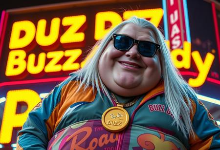 Got it! Here’s the updated remix with the Ray-Ban Wayfarer goggles:
Buzz Daddy is a larger-than-life character, exuding charisma with a signature grin reminiscent of Riccardo Villalobos. His playful, lighthearted aura contrasts with his bulky, chubby physique. He’s decked out in a corporate tracksuit with vibrant psychedelic details, featuring a standout orange piece that reads “The Road to Torino.” His look is completed by a massive yogurt buckle shaped like a buzz coin, and long, straight white hair that adds to his striking appearance. His Ray-Ban Wayfarer goggles reflect the electric glow of digital yellow signs, while he mischievously tosses stacks of Buzz coins around.
Buzz Daddy’s personality is zany, artistic, and captivating—his presence radiates the vibe of a meme king who thrives on humor and unpredictability. In the scene, “Buzz Daddy” is showcased in luminous, cinematic letters, whether displayed on a neon-lit billboard, a glowing mural, or boldly printed across his ultra-realistic jacket. The composition merges digital and artistic styles, creating a playful yet composed visual experience. The atmosphere is surreal and meme-driven, highlighting Buzz Daddy’s larger-than-life persona with influences from aidmafluxpro1.1, aidmaMJ6.1, and aidmahyperrealism, ensuring an unforgettable visual impact.