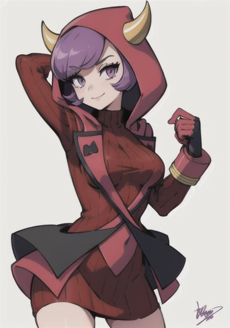 <lora:courtney:0.7>,courtney, 1girl, solo, breasts, looking at viewer, smile, short hair, bangs, simple background, gloves, white background, dress, closed mouth, purple eyes, purple hair, horns, signature, hood, arm up, sweater, eyelashes, red dress, clenched hand, red gloves, ribbed sweater, hood up, fake horns, sweater dress, horned headwear, ribbed dress