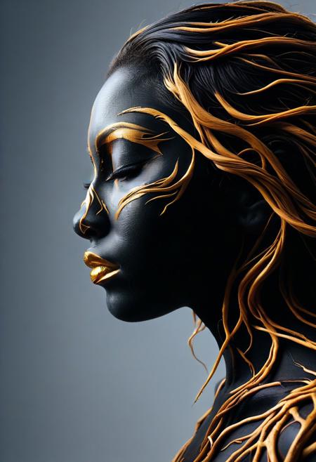PG-TR,(film grain),ultrarealistic 4k,photoart_style, vivid, minimalist, beautiful black face, golden make-up,side view profile,realistic, Wide angle lens, high contrast, dark black tone,Cinematic Lighting, movie-level texture, hand-painted details, epic, meticulous,perfect composition, dynamic play of light, rich colors, epic shot, perfectly quality, natural textures,high detail, photoshadow, (natural colors, correct white balance, color correction, dehaze),(intricate detailed), YurYuna
