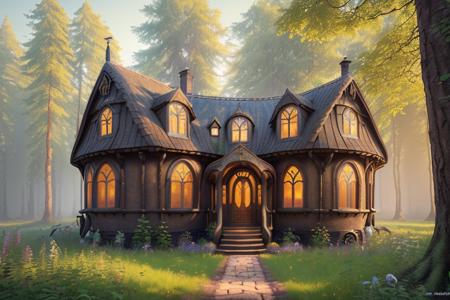 (Professional 3D rendering:1.3) of (lonely hobbithouse in the middle of a forest with a round door and round windows on its side and a pathway leading to it, at sunset), (Low-angle perspective), (natural lighting), (Wide-angle lens capturing scenery), hidden objects games, video game concept art, (8K Unity wallpaper), fine details, award-winning image, highly detailed, 16k, cinematic perspective, ((video game environment concept art style)), pretty colors, cinematic environment, architecture, gothic, home design, forest cabin, magical, dark aesthetic, cottage, fairytale, goth, goth aesthetic, fairy tail, luxury, no humans, scenery, tree, outdoors, stairs, Highly Detailed,CGSociety,ArtStation