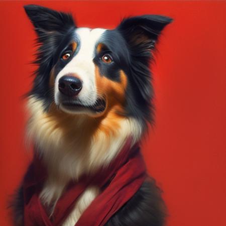 portrait, border collie, black, red, claret color, black beckground, by Tyrus Wong