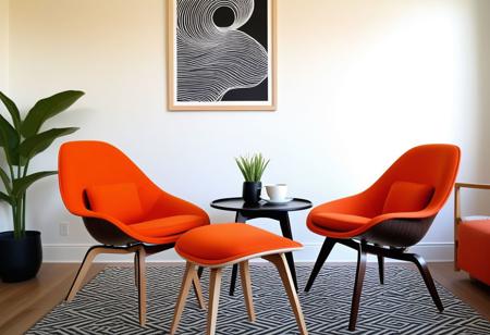 (Contemporary:1.5), (modern:1.5), (photographic:1.4), (ergonomic:1.3), (Bauhaus:1.4), Classic modern chair, hardwood wooden frame, soft sewn cushions, dynamic geometric form, ergonomic form, comfortable form, warm colors, best quality, realistic, smooth surface finish, natural wood, natural materials, slender chair legs, Bauhaus style inspired, Eames style inspired, seat facing viewer, calm lighting, semi detailed background, contemporary, furniture catalogue photograph, tasteful framing, tasteful layout, (end table:1.2), (coffee mug:1.2)