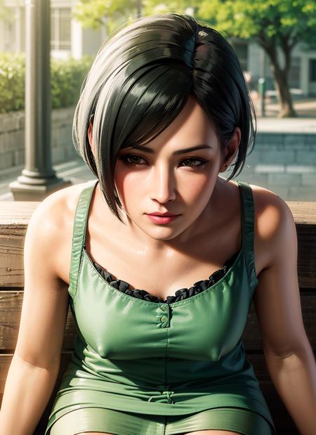 1girl, cowboy shot of beautiful ada sitting on bench in park, trees, flowers, looking at viewer, green sundress, black hair, blush, short hair, athletic night, volumetric lighting, best quality, masterpiece, intricate details, tonemapping, sharp focus, hyper detailed, trending on Artstation, ada, realistic <lora:sxz-ada:0.6>