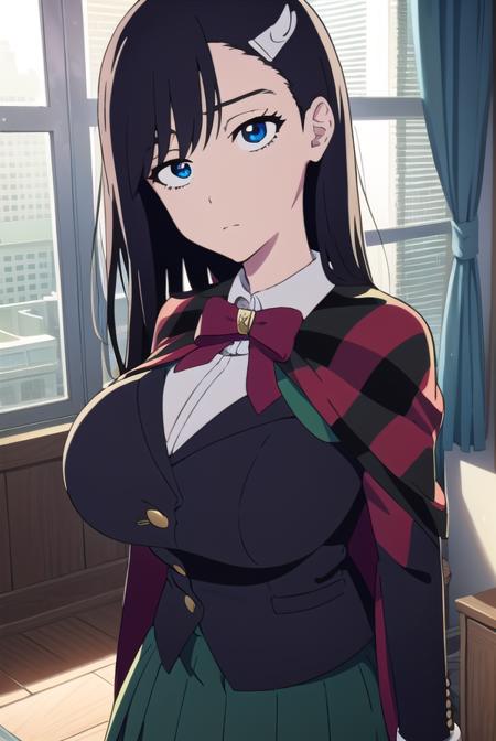 noelniihashi, <lora:noelniihashianimetest:1>,
noel niihashi long hair, blue eyes, black hair, hair ornament, hairclip, (large breast:1.2),
BREAK skirt, shirt, long sleeves, bow, school uniform, jacket, white shirt, pleated skirt, collared shirt, bowtie, red bow, plaid, capelet, blazer, green skirt, green jacket,
BREAK looking at viewer,
BREAK indoors, classroom,
BREAK <lora:GoodHands-vanilla:1>, (masterpiece:1.2), best quality, high resolution, unity 8k wallpaper, (illustration:0.8), (beautiful detailed eyes:1.6), extremely detailed face, perfect lighting, extremely detailed CG, (perfect hands, perfect anatomy),