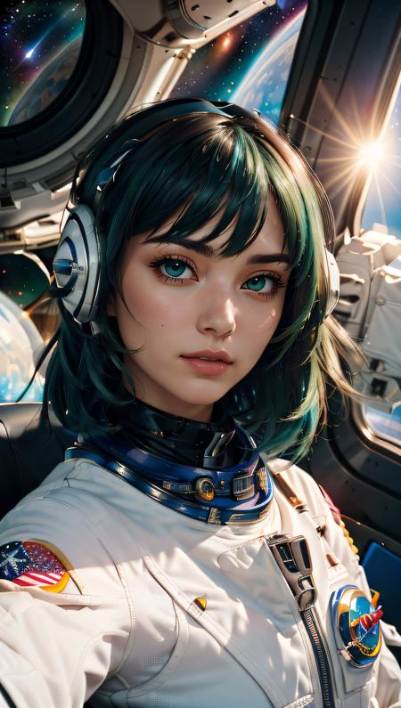 (best quality, masterpiece, perfect face, beautiful and aesthetic:1.2, colorful, dynamic angle, highest detailed face) full body photo, fashion photography of cute astronaut girl with long iridiscent green hair, in space with galaxy behind, 35mm, bokeh, 9:16, (intricate details, hyperdetailed:1.15), detailed, sunlight passing through hair (high contrast, official art, extreme detailed, highest detailed),