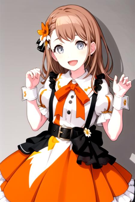 <lora:Minori3rd-05:0.9>, minori3rd, long hair, looking at viewer, smile, open mouth, skirt, shirt, hair ornament, gloves, dress, bow, ribbon, holding, jewelry, white shirt, braid, flower, short sleeves, :d, hair bow, earrings, frills, shorts, striped, puffy sleeves, collared shirt, belt, hand up, hair flower, hood, bowtie, bracelet, puffy short sleeves, fingernails, wrist cuffs, plaid, hands up, black ribbon, black bow, neck ribbon, buttons, leaf, stuffed toy, happy, stuffed animal, white flower, frilled sleeves, brooch, gem, vertical stripes, blue flower, light blush, outline, gold trim, black belt, brown skirt, high collar, yellow flower, orange bow, orange background, dot nose, collared dress, center frills, hair behind ear, white outline, striped background, diagonal stripes, clover, orange flower, orange ribbon, brown ribbon, triangle, string of flags, whipped cream, single horizontal stripe, doily