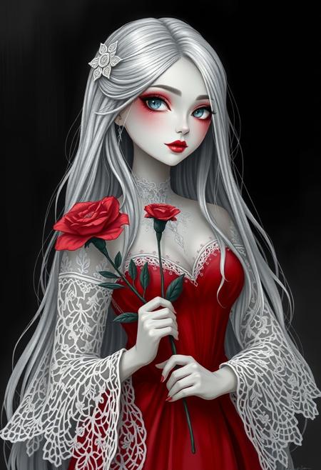 a woman in a red dress holding a flower, digital art, inspired by Nene Thomas, tumblr, gothic art, gray scale, dressed in white intricate lace, beauty woman with detailed faces, with long hair, photo pinterest, detailed airbrush art, cartoon art, detailed artwork, instagram art