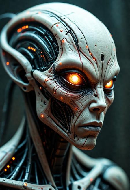 An extreme close-up of a biomechanical alien, with synthetic skin interwoven with metal, tiny glowing circuits running along its surface, and one glowing cybernetic eye scanning the surroundings.