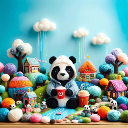 Yarnworld, A panda wearing a hoodie made of Yarn and converse shoes made of Yarn. The panda is holding a cup standing in front a macdonald's