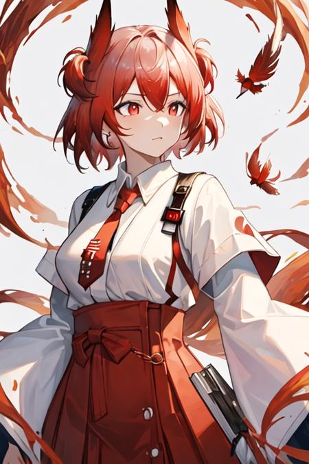 best quality, masterpiece, highres, solo, {white kimono:1.35}, {red hakama:1.35}, {wide sleeves:1.20}, {fiammetta_arknights:1.15}, red_hair, red_eyes, short_hair, animal_ears, necktie, red_necktie, bird_ears, upper_body, hair_between_eyes, breasts, closed_mouth, feather_hair