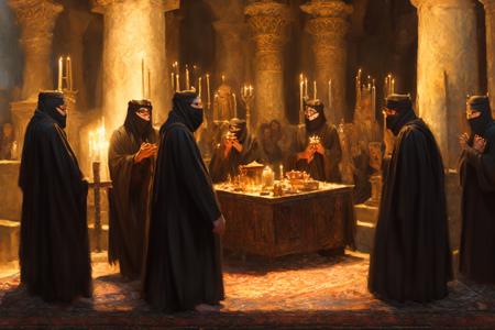 oil painting of a cult ritual in a dark stone middle eastern temple, cultists wearing black robes and masks surrounding a stone altar, realistic, intricate background, art by dgstyle