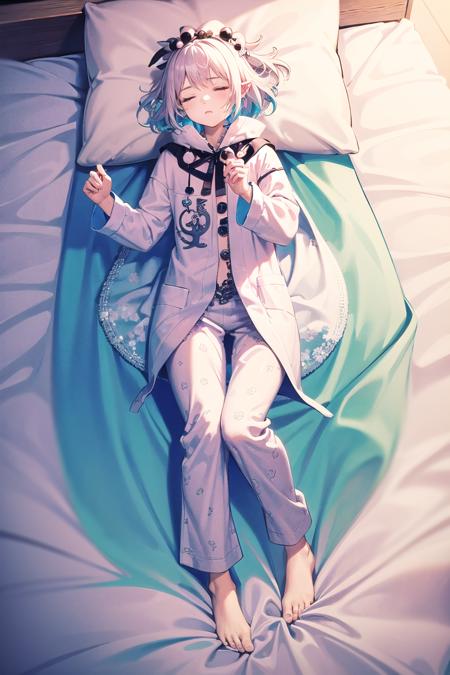 (masterpiece,best quality, detailed), bed, bed sheet, 1girl, solo, full body, lying, on back,original outfit,pajamas,(black nightgown), sleeping, closed eyes,origin, solo, tentacles, <lora:kirara-pynoise-OG-000009:1> ,