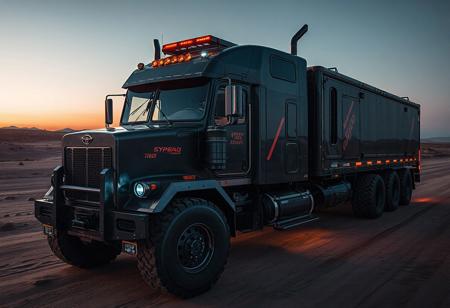 1 vehicle, 
cyberpunk semi-truck with industrial trailer.. large wheels. Large cabin with big windows. Offroad ready
View from above.