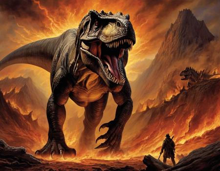 Craft a haunting depiction of a Tyrannosaurus Rex in the darkest of settings. The Tyrannosaurus Rex,  its scales as black as midnight,  prowls through the forsaken landscape of Hell. Sinister flames dance along its colossal frame,  highlighting its bone-chilling silhouette. In the distance,  the damned souls of treacherous betrayers cower in fear. The Tyrannosaurus Rex's eyes gleam with a malevolent hunger as it prepares to unleash its wrath upon the eternally damned. This macabre tableau captures the intersection of ancient terror and infernal torment in chilling detail.