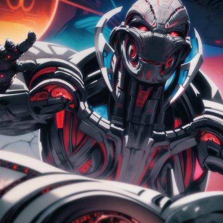 ultron, solo, close-up, menacing grin, red eyes, metallic jaws, facial expression, cybernetic enhancements, intricate details, masterpiece, absurdres, best quality <lora:ultronPrime-000020:0.9>