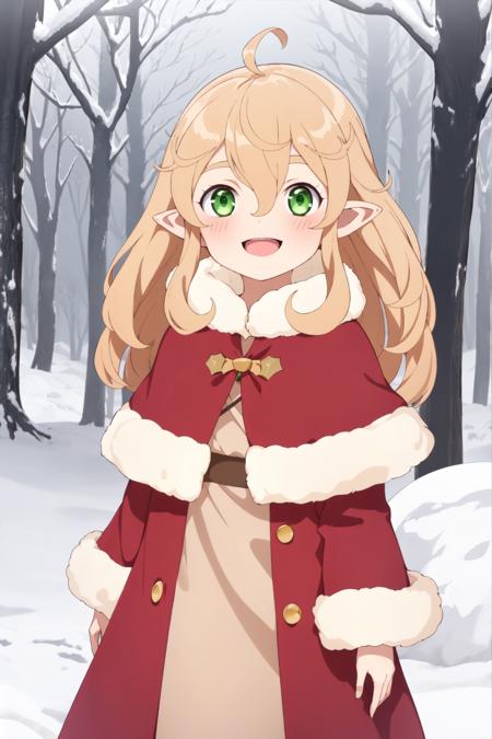 robina, 1girl, solo, hair between eyes, blonde hair, green eyes, ahoge, pointy ears, child, long hair, long sleeves, pink dress, outdoors, park, long sleeves, dress,  coat, fur trim, capelet, christmas, red capelet, fur-trimmed capelet,