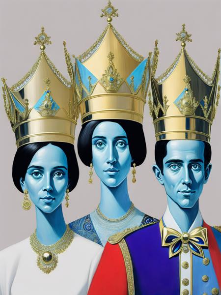 <lora:GeorgeCondo:1>a painting of three people with crowns on their head and one of them has blue paint on his face by George Condo