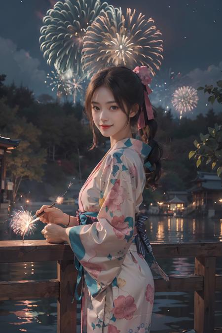 1girl wearing pink kimono, japanese clothes,((pink kimono, flowr print, looking viwer , from front)),  festival, yukata, traditional attire, hair ribbon, sandals, outdoors, cityscape, smiling, ((night, colourful firework background)), looking at viewer, lantern,  colourful fireworks in sky:1.6, summer, japanese culture, [cinematic lighting:0.8], [:realistic:1.3], scenery, japanese festival, city view, happy, joy, festive mood. (masterpiece), (best quality:1.2), absurdres, [:intricate details:0.2]