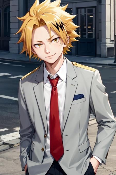 kaminari denki\(boku no hero academia\), 1boy, solo, looking at viewer, male focus, bangs, short hair, blonde hair, multicolored hair, spiked hair, yellow eyes, smirk, school uniform, blazer, collared shirt, red necktie, grey jacket, u.a. school uniform