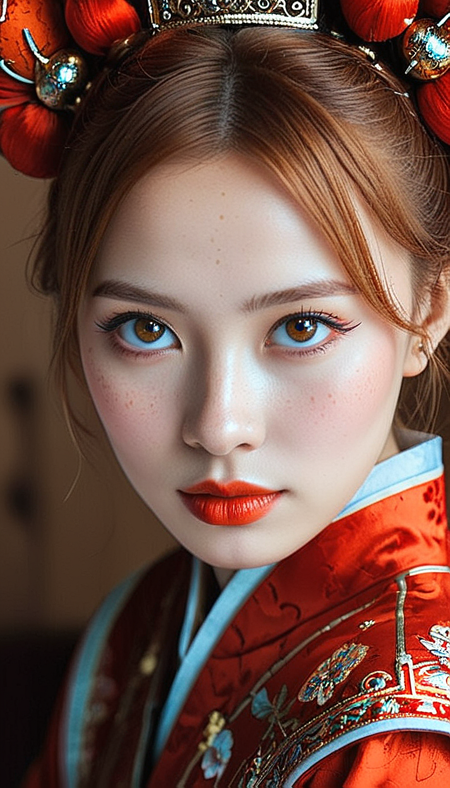 Close-up gorgeous tribe girl face , sexy, hot, cute, (bangs:1.1), freckles, light tan, striking red large eyes, aligned eyes, mirror eyes, (half smile:1.1),
(wearing very detailed Venetian Mask:1.1), small tender chin, ginger hair,(double bun hair), red Traditional Clothing,
BREAK,
very long lashes, trendy portrait,
tender Aesthetic nose, ears, puffy lips, sensual lips, detailed texture, detailed eyes, detailed skin, clean skin, red Traditional Chinese Clothing,
<lora:Someplastic_b:1>, (ultra sharp focus:1.8), (detailed skin:1.8), (thin lines:1.8), (best quality:1.8),
<lora:Apparatus_-_Traction_City_Walkers_Vehicles:0.7>,
<lora:add-detail-xl:0.7> (ultra sharp focus:1.8), (detailed skin:1.8), (thin lines:1.8), (best quality:1.8),
<lora:glowneon_xl_v1:0.7>