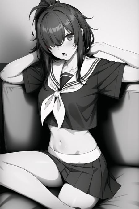 <lora:Neocoill:.6>, neocoill,  masterpiece, best quality, 1girl, monochrome, greyscale, solo, couch, school uniform, serafuku, ahoge, skirt, on side, hair over one eye, pleated skirt, navel, lying, open mouth, breasts, bandages, midriff, arm behind head, pillow, shorts, sailor collar, bangs, ponytail, messy hair, on couch, shorts under skirt, bike shorts, looking at viewer, neckerchief