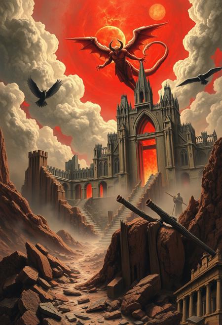 I also stood in Satan’s bosom & beheld its desolatons:
A ruin’d Man, a ruin’d building of God not made with hands;
Its plains of burning sand, its mountains of marble terrible;
Its pits & declivities flowing with molten ore & fountains
Of pitch & nitre; its ruin’d palaces & cities & mighty works;
Its furnaces of affliction, in which his Angels & Emanations
Labour with blacken’d visages among its stupendous ruins,
Arches & pyramids & porches, colonnades & domes,
In which dwells Mystery, Babylon; here is her secret place;
From hence she comes forth on the Churches in delight;
Here is her Cup fill’d with its poisons, in these horrid vales,
And here her scarlet Veil woven in pestilence & war;
Here is Jerusalem bound in chains, in the Dens of Babylon.