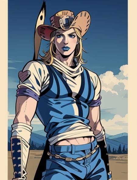 <lora:add_detail:0.54>tassels, spurs, boots, western cowboy, Johnny Joestar, araki hirohiko (style), amazing anatomy, masterpiece, best quality, 1boy,  solo, johnnyjojo, blonde hair, cowboy hat, blue lipstick, official artstyle, male, male focus, manga, alternate costume, standing, pants,  young:0.98,  <lora:johnnyanyver:0.96>