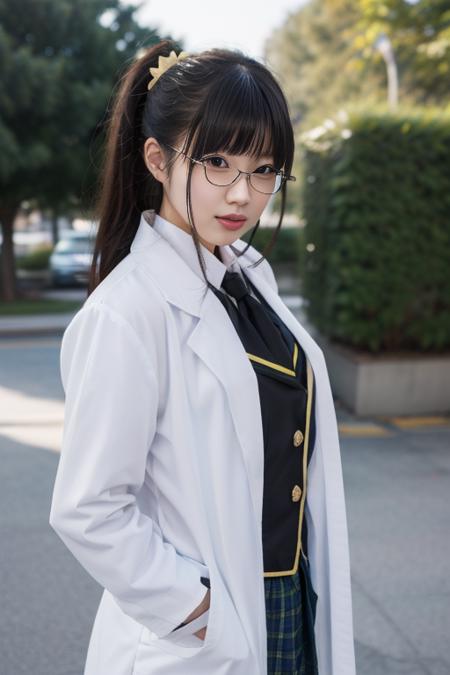 ultra-detailed,highly detailed,best quality,masterpiece,illustration,realistic,
shiguma rika, 1girl, solo, cosplay,
st. chronica academy school uniform,
glasses,hair bow, labcoat,
looking at viewer, upper body,
outdoors, nature, 
<lora:shiguma rika_v1_07:0.7>