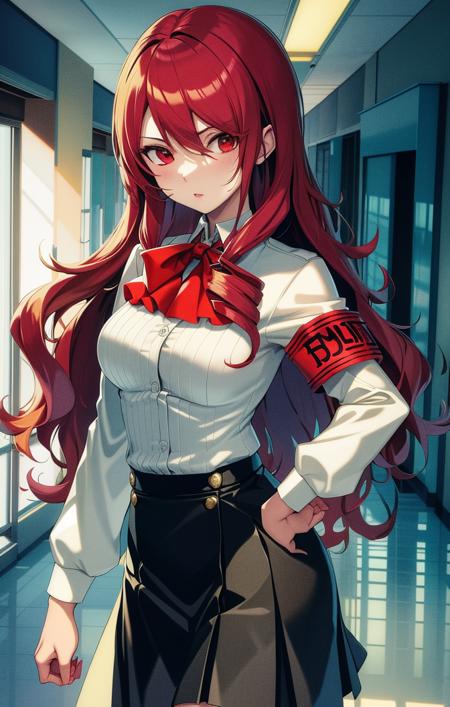 <lora:MitsuruKirijoPersona4:1> highres, detailed, soft lighting, indoors, hallway, gekkoukan high school uniform, white button up shirt, pleated skirt, chest bow, red armband, mitsuru kirijo [persona], 1girl