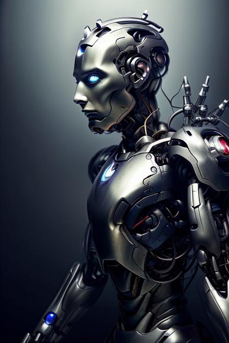 cinematic film still silverpulse, cyborg Iron Man, simple background, high quality, artistic, vibrant colors, detailed textures. futuristic sleek/glossy silver and blue glow, vibrant colors, detailed textures., Concept art, cyborg, background, vintage, modern, SilverPulse, <lora:SilverPulseMorphXL:0.8>, excellent composition, artistic, highly detail, holy, sunny, dynamic dramatic beautiful full taking . shallow depth of field, vignette, highly detailed, high budget, bokeh, cinemascope, moody, epic, gorgeous, film grain, grainy, front view,