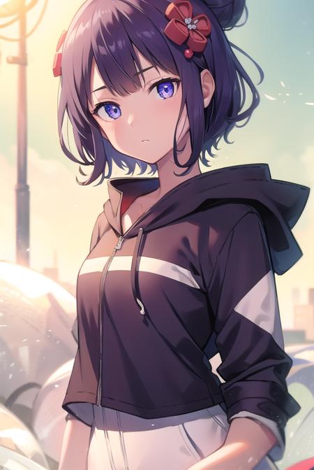 hokusaitest, <lora:hokusaitest:1>, hokusai, short hair, bangs, hair ornament, (purple eyes:1.1), purple hair, flower, hair flower, hood, hair bun, single hair bun,
BREAK long sleeves, jacket, pants, hood, official alternate costume, hoodie, black pants, hood down, casual, hooded jacket, white hoodie,
BREAK outdoors, city,
BREAK looking at viewer, BREAK <lora:GoodHands-vanilla:1>, (masterpiece:1.2), best quality, high resolution, unity 8k wallpaper, (illustration:0.8), (beautiful detailed eyes:1.6), extremely detailed face, perfect lighting, extremely detailed CG, (perfect hands, perfect anatomy),