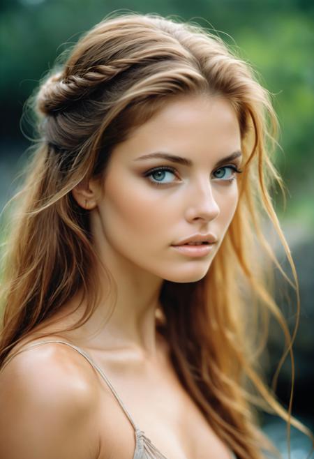 romantic facial portrait of the most beautiful glamour model ever, prim 20 year old woman, elegant long hair, highlights, (realistic skin details:1.2), blurry and out of focus in the background the washed-out colors of Cascade Saint Maurin and Pirates of the Caribbean as mere faint lights, photography by tony kelly and (george hoyningen-huene:0.7), cirque du' soleil meets edenic paradise, (face focus:1.2), award-winning avant-garde composition, sense of depth, blurry background, f1, blurry foregound, kodak portra photography, incredibly lifelike, subtle emergence of hedonsim, castaway survivor, (sexualized:0.2), (large breasts:0.3), vignette, romanticized, dramatic elegance, timeless beauty standard  <lora:skinXL:0.25>,